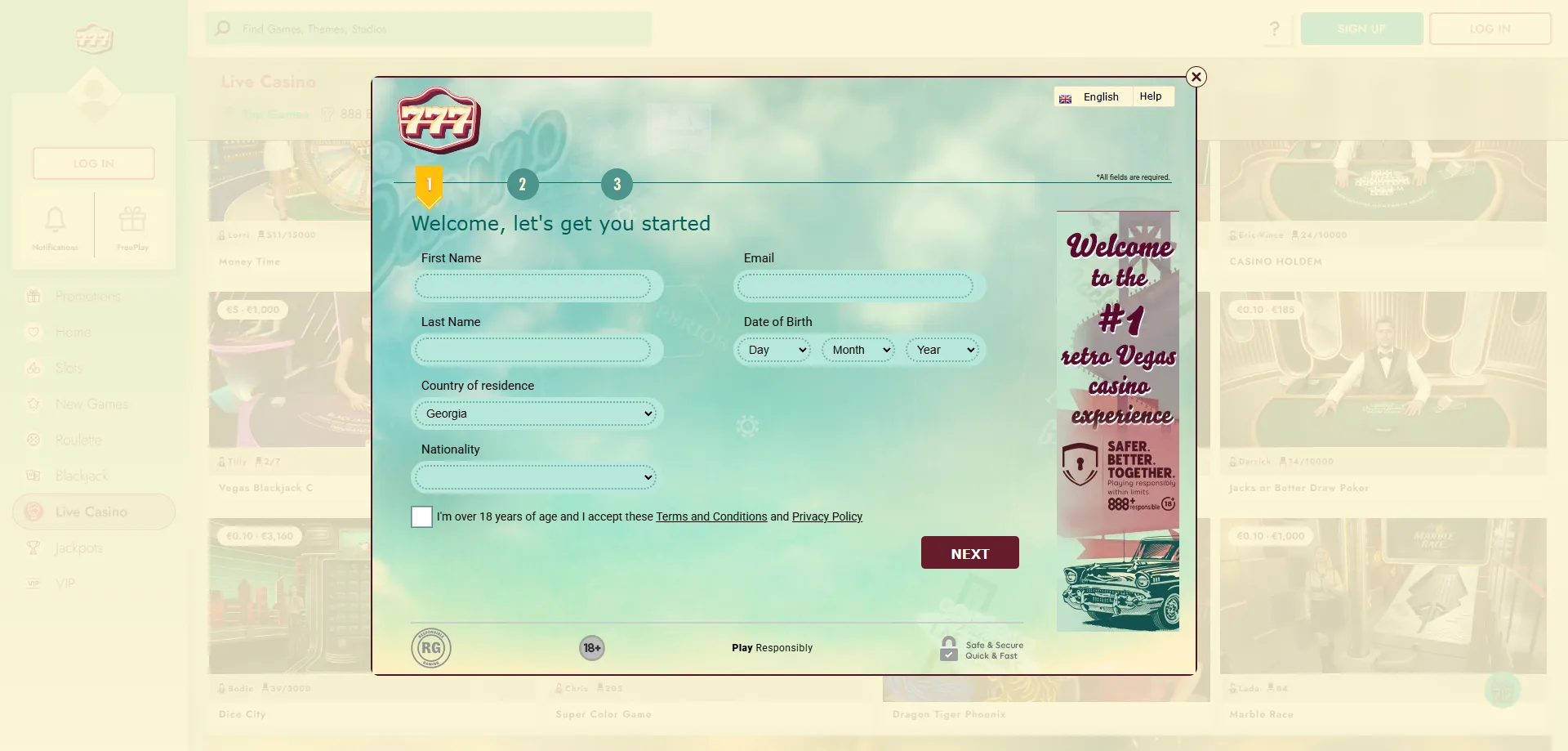 777 Casino registration sign up bonus code new account